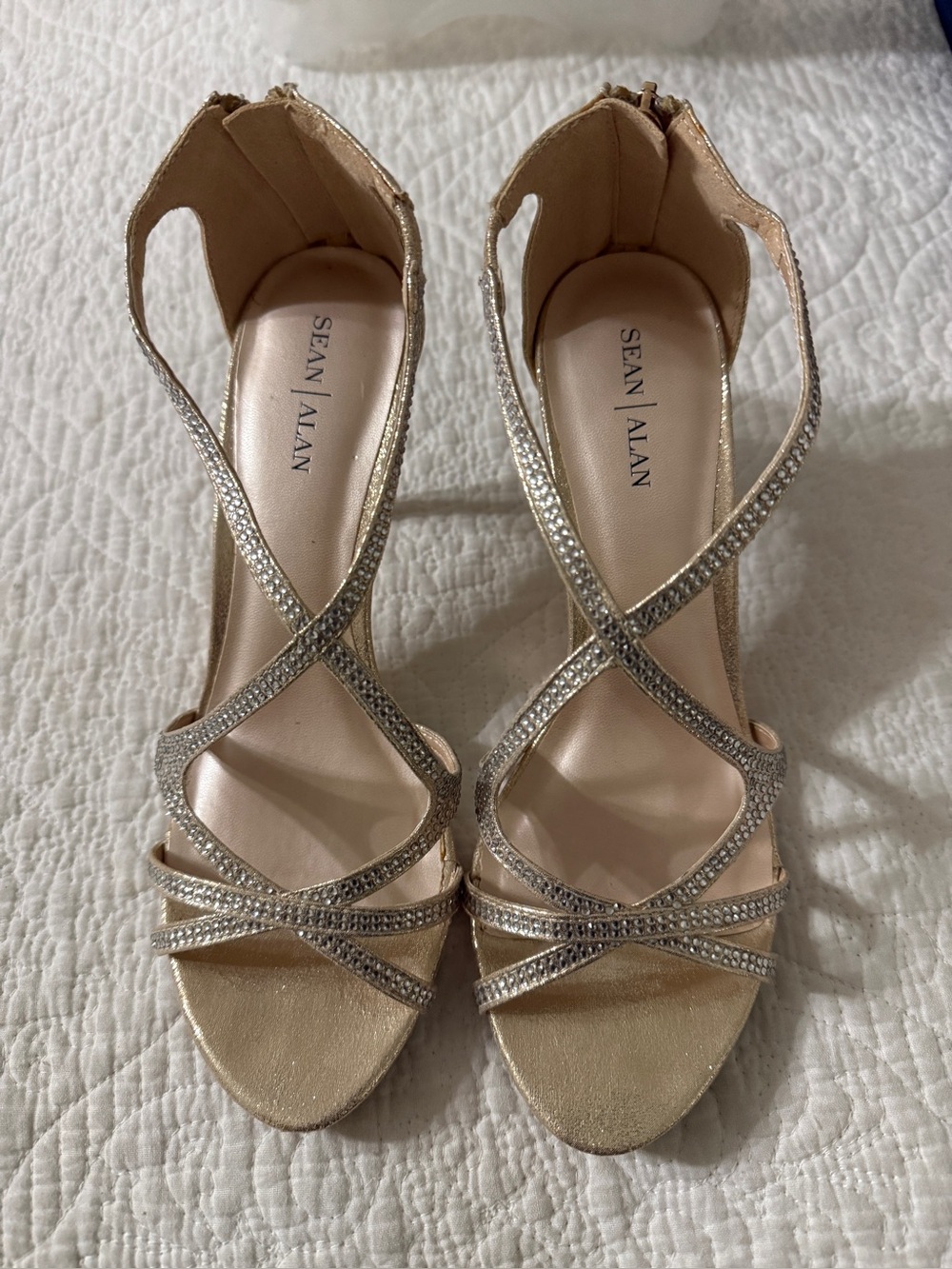 Gold Strappy Crystal Evening Sandals by Sean Alan